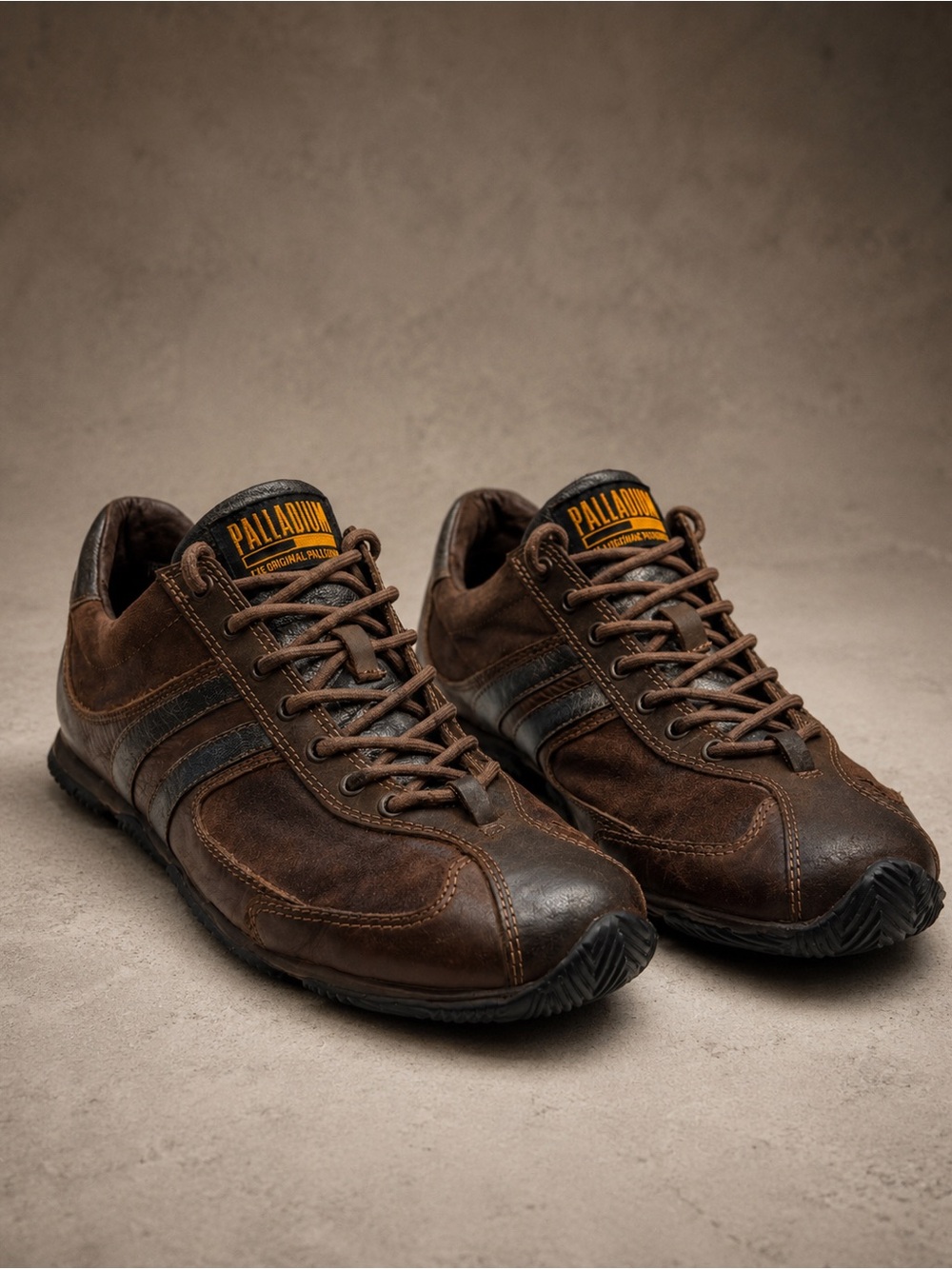 Palladium Vintage Brown Leather Suede Gunmetal Low Profile Sneakers